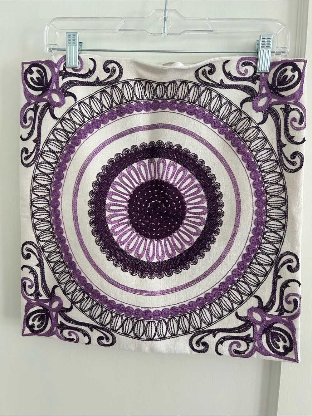 Purple & Off White embroidered Boho Mandala Pillow Sham Cover 17” x 17”